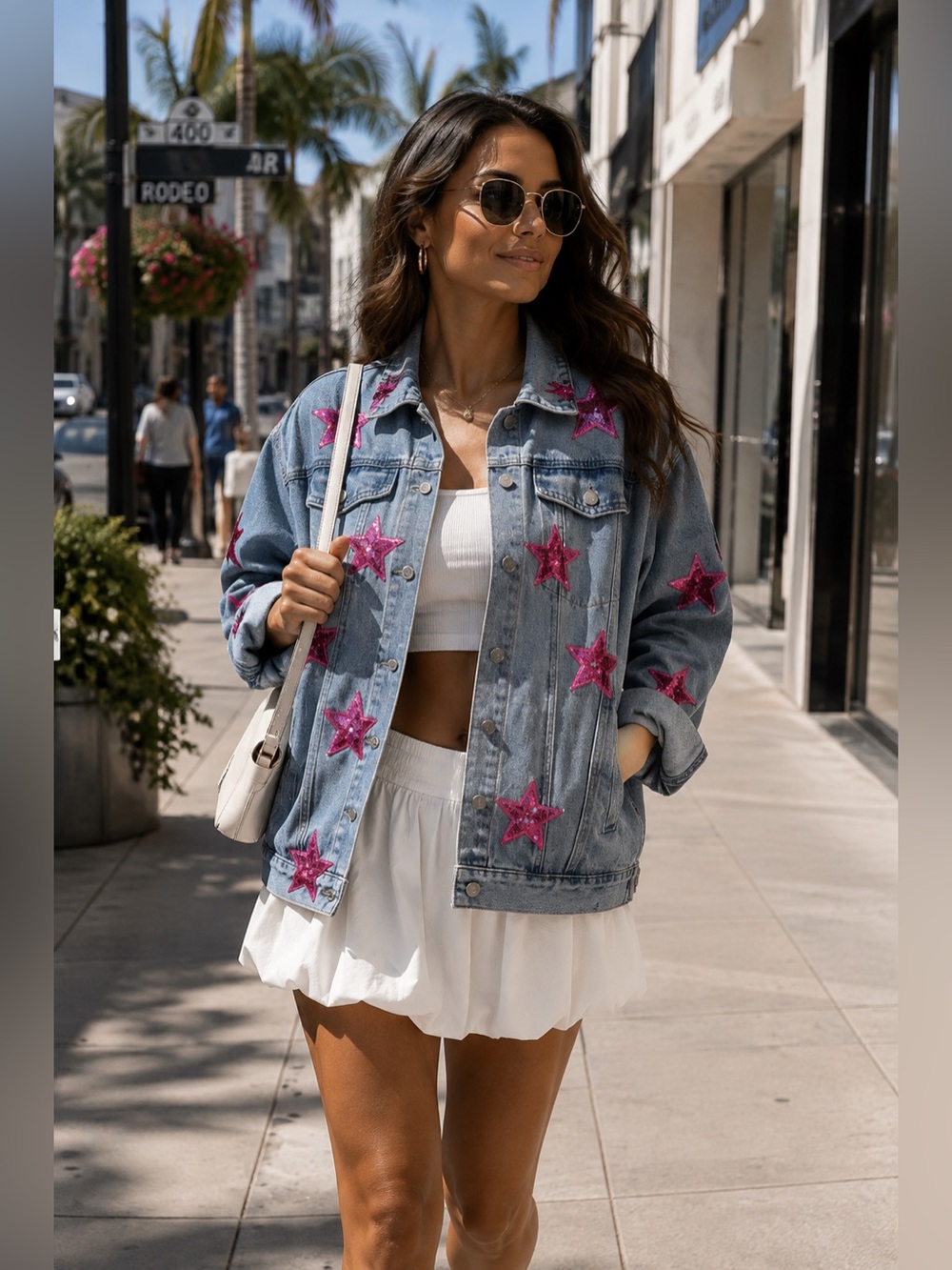 Oversized denim Jacket with Pink Sequin Stars